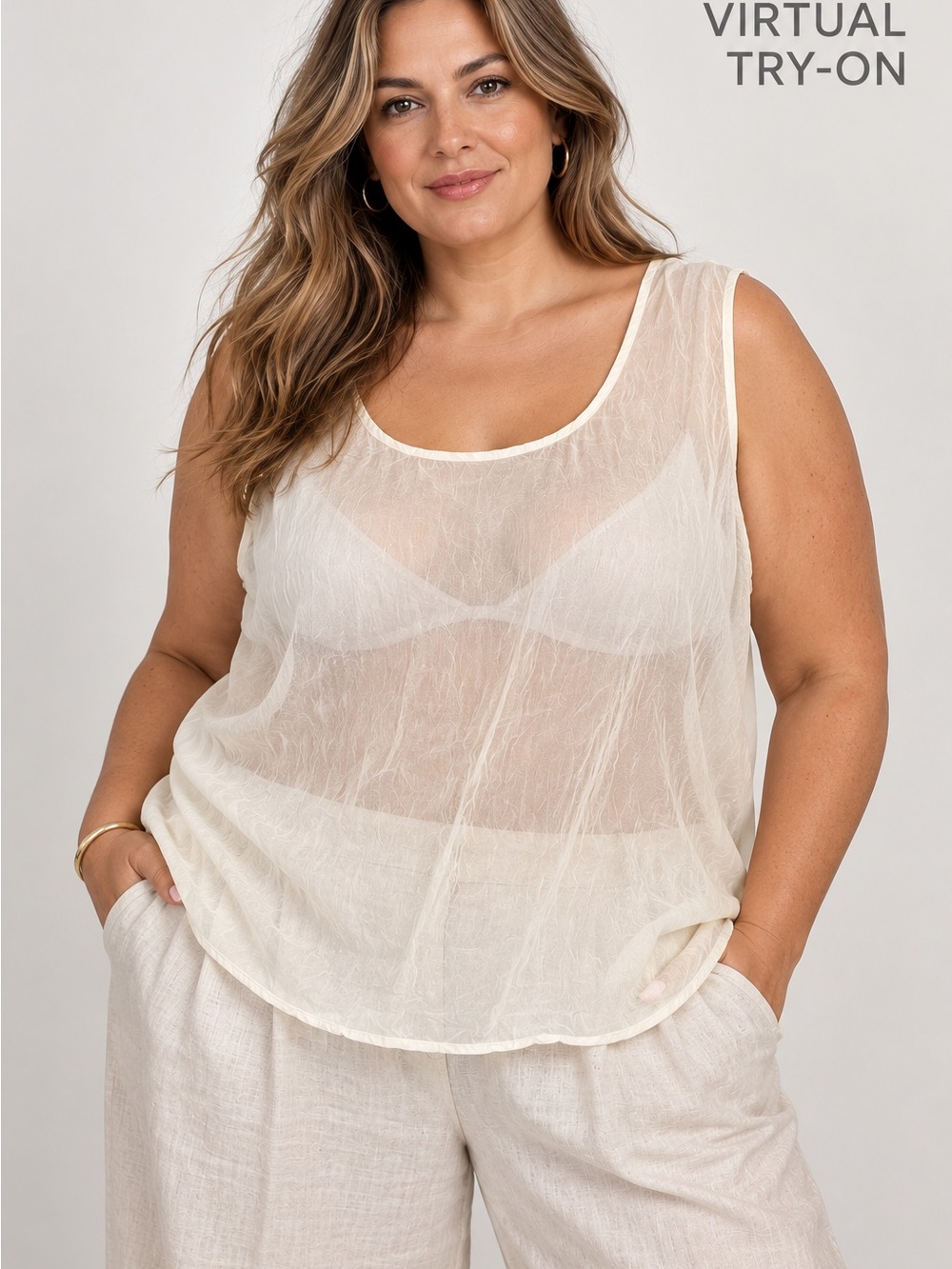 AVENUE 100% Silk Sheer Ivory Sleeveless Blouse Tank Top Plus Size 18/20